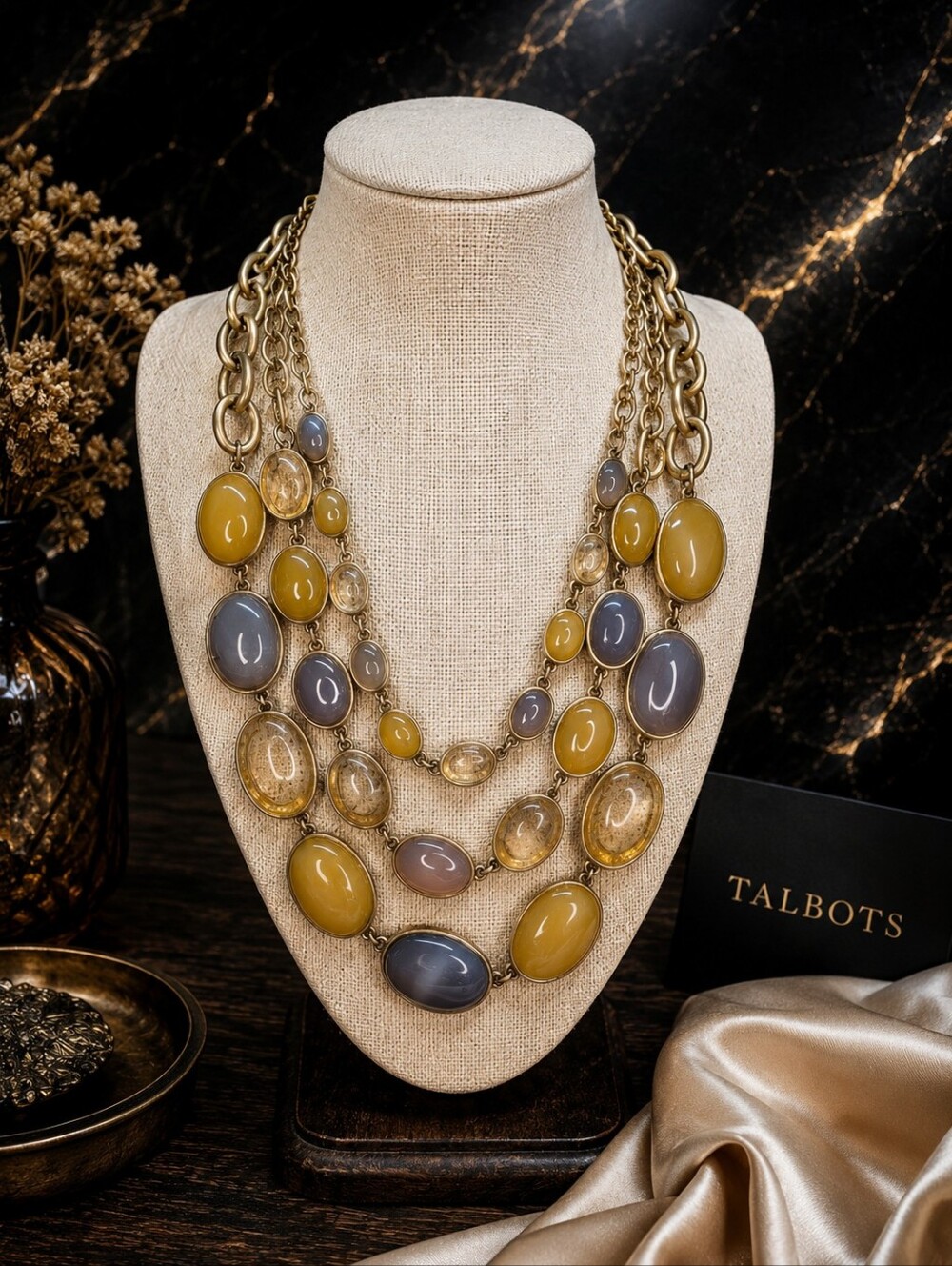 Vintage Talbots Multi-Strand Cabochon Statement Necklace Gold Tone
